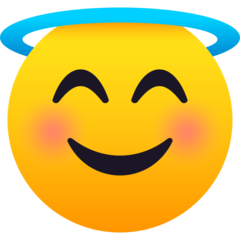 A yellow face with smiling eyes, closed smile, and halo,